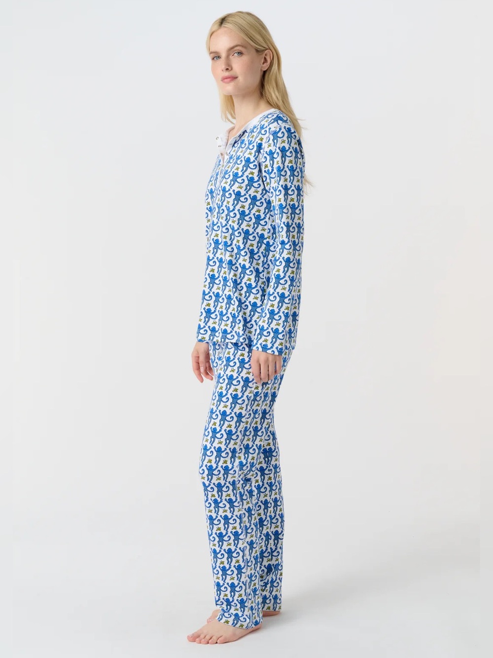 Roller Rabbit Blue Monkey Pajamas Set Long Sleeve Size L - Picture 4 of 10